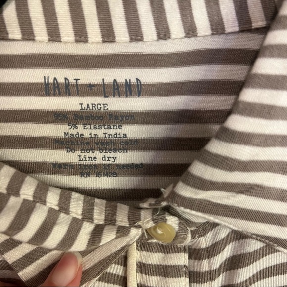 New Hart + Land Women Pajama Sleep Shirt Button Down Brown Cream Stripe Bamboo L - Picture 6 of 10